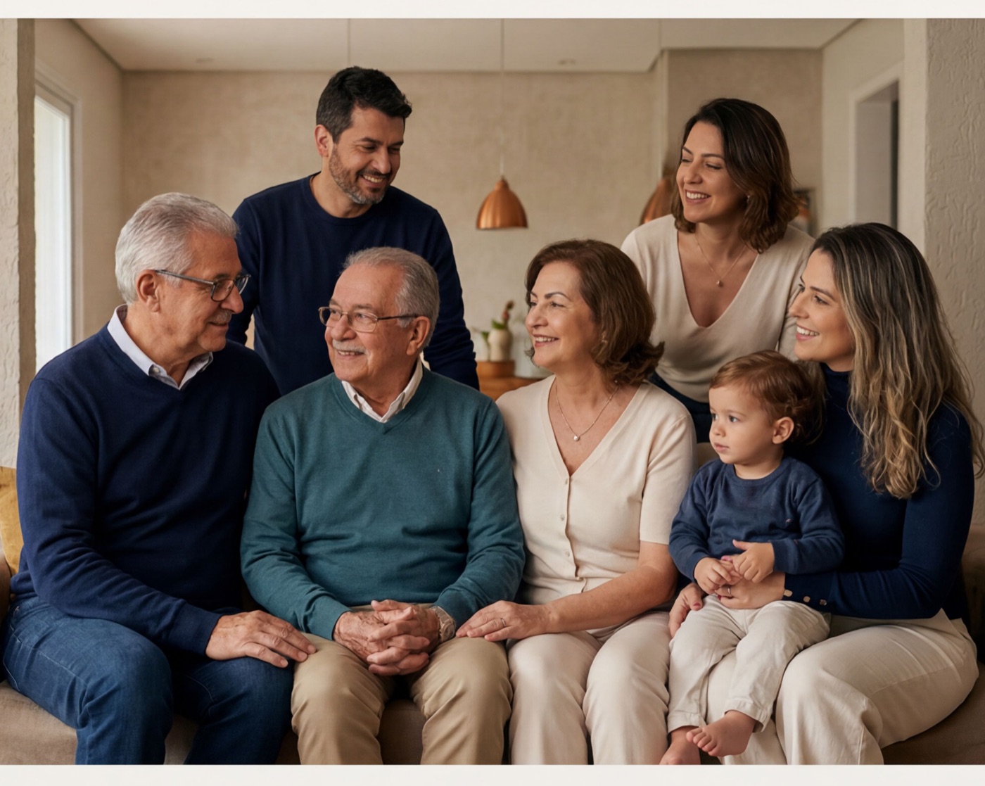 Três gerações de uma família brasileira reunidas no sofá