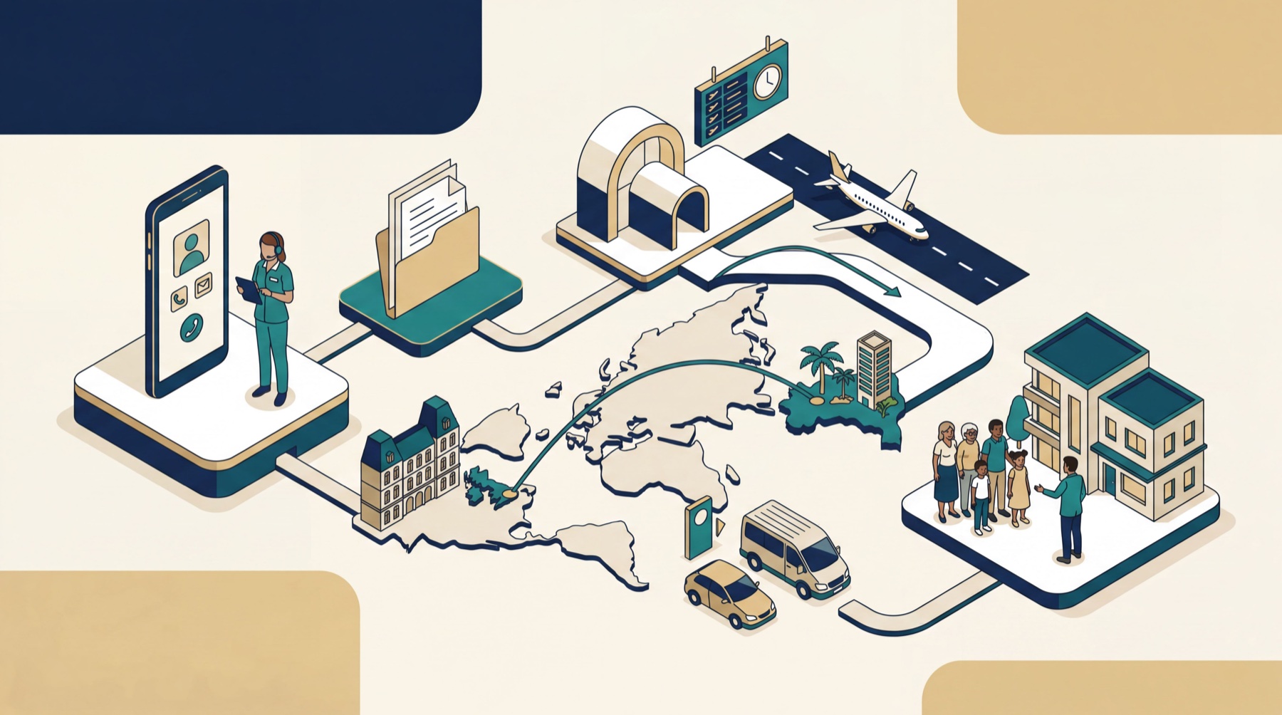 Ilustração da jornada de amparo entre Reino Unido e Brasil: ligação, documentação, voo e recepção da família