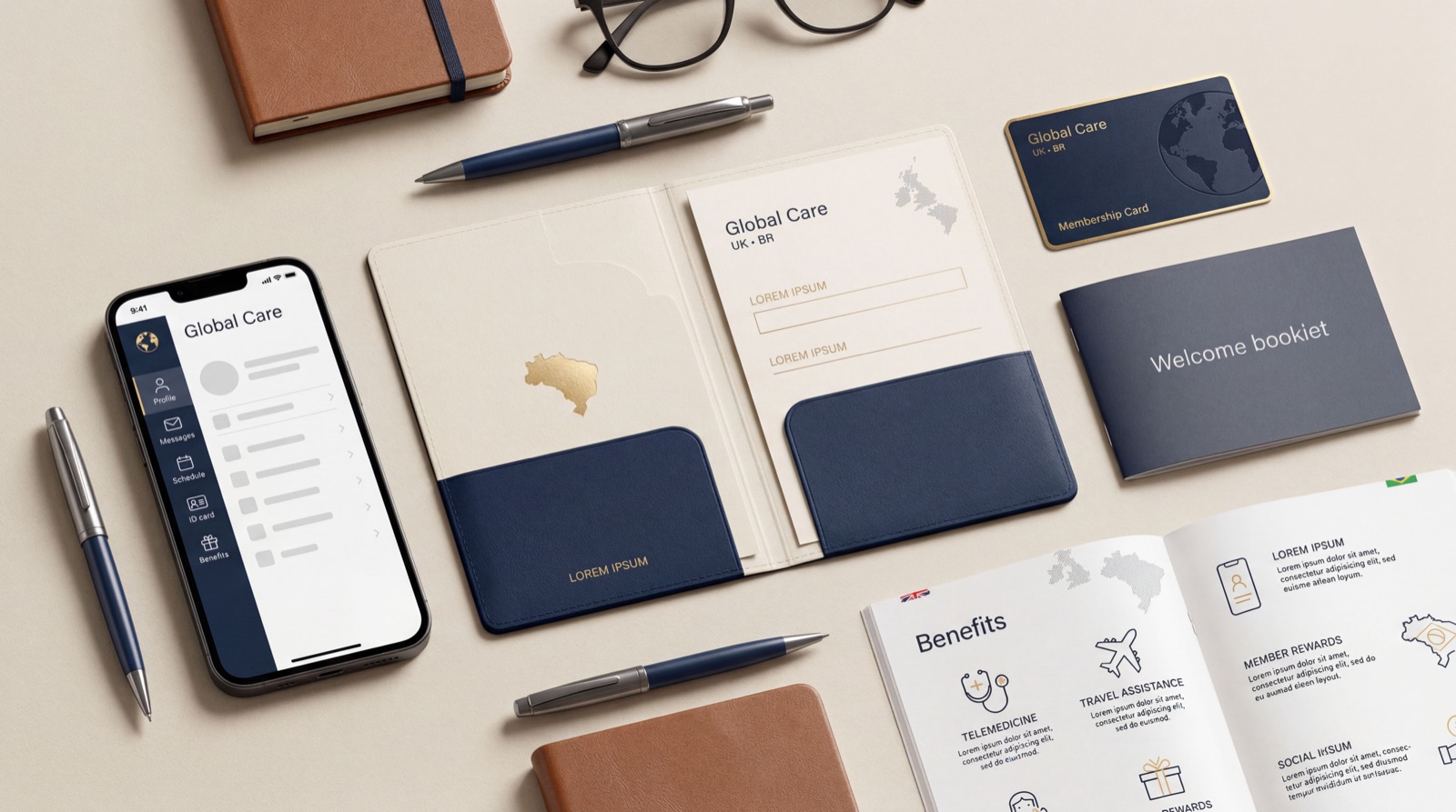 Kit do associado Global Care: carteirinha, aplicativo e livreto de boas-vindas